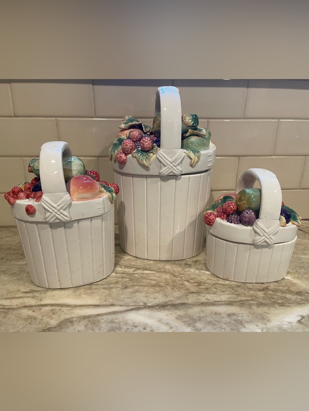 Vintage White Ceramic Fruit Basket Canister with Pink & Green Fruit Accents